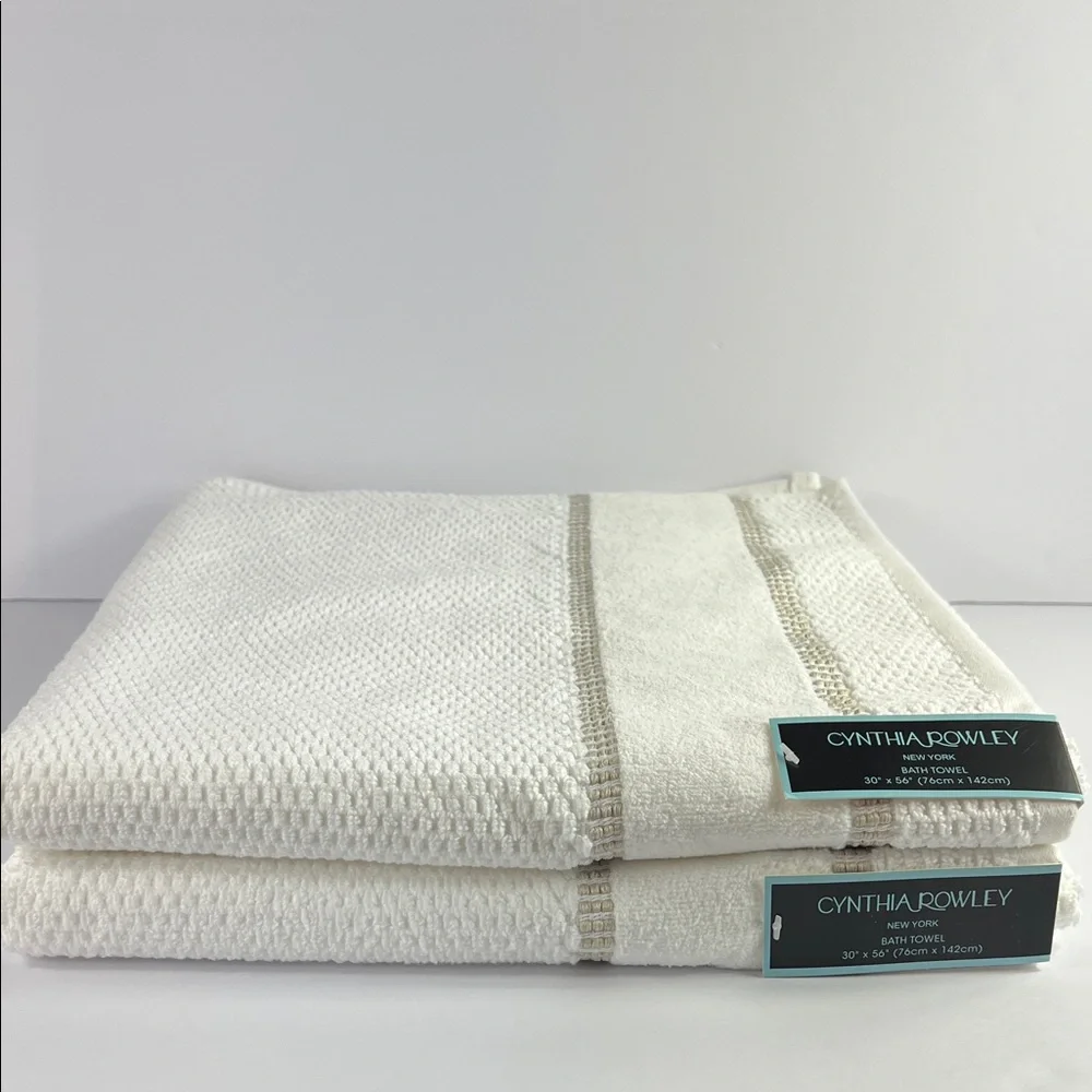 Cynthia Rowley Bath Towels Off White with Tan Stripes Soft Cotton Set of 2 NEW